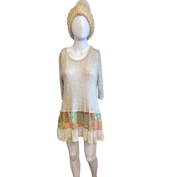 Multiples Beige Blouse Dress Women’s Medium – Floral Fringe Skirt Hem - Picture 1 of 8
